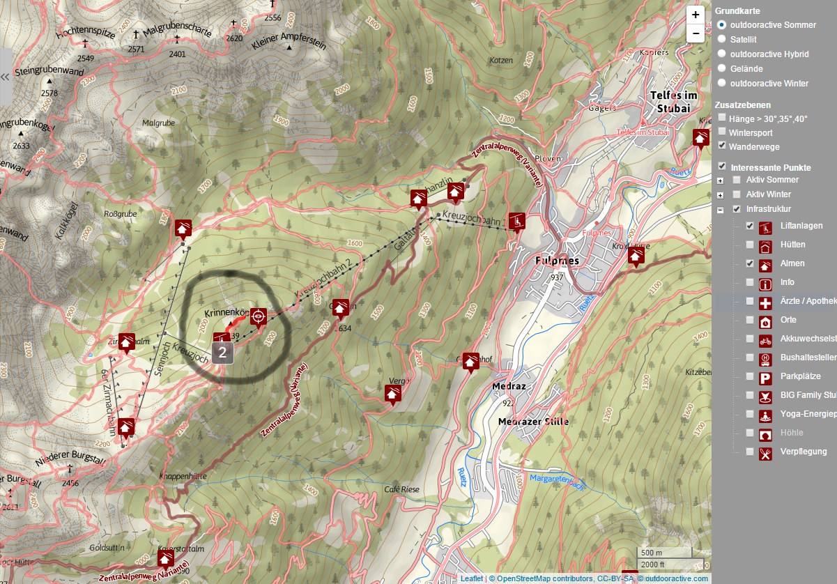 Topografická mapa StubaiBlick a okolí