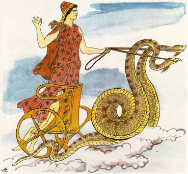 Médea letí s vozem taženým draky  